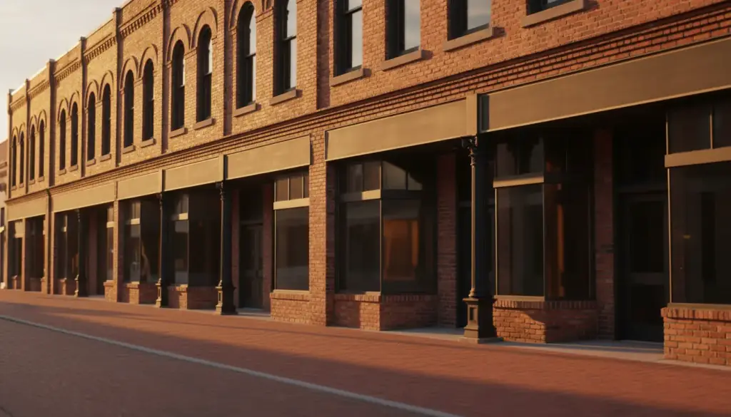 A brick commercial row with arched upper windows and iron columns at dusk