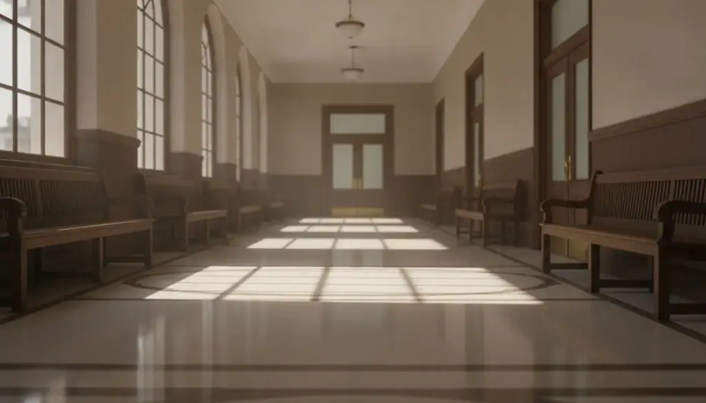 An empty courthouse corridor with wooden benches and window light across a stone floor
