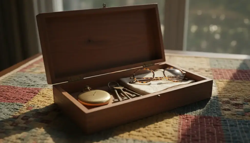 An open walnut keepsake box holding a pocket watch, reading glasses and old keys on a quilt