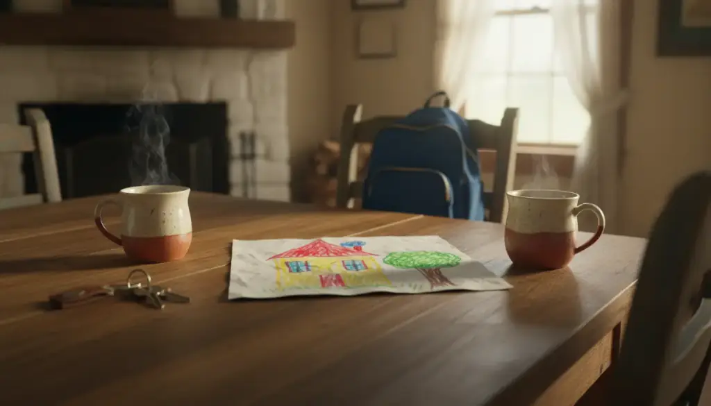 Two mugs, a set of house keys and a child's crayon drawing of a house on a kitchen table