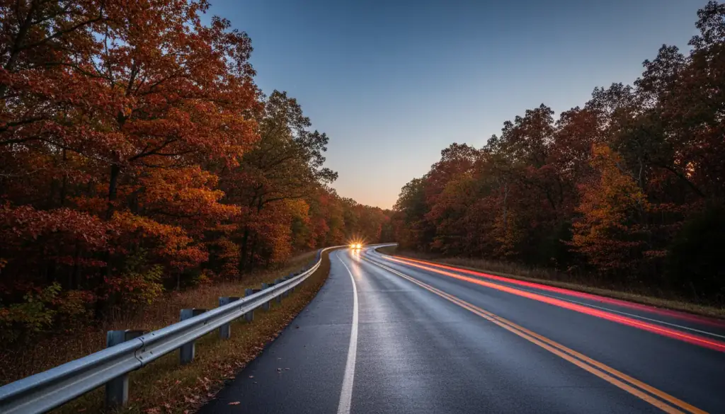 A two-lane highway through autumn oaks at dusk, tail lights drawn into red lines